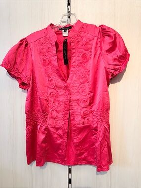 Solution Hot Pink Satin Puff Sleeve Blouse with Rosette Trim